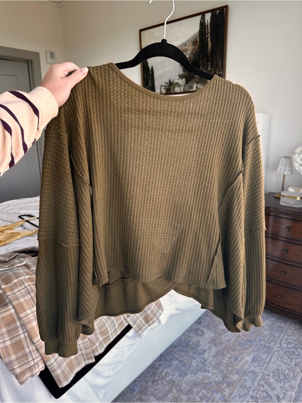 We The Free Olive Green Waffle Scoop Neck Sweater
